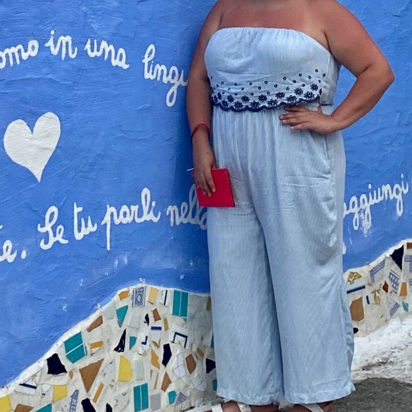 Jessica Simpson strapless blue stripe jumpsuit - Picture 9 of 10